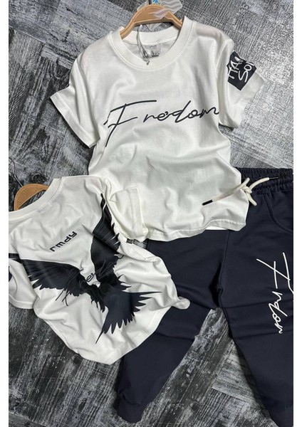 Erkek Çocuk Önü Fredoom Yazı Baskı Arkası Kartal Figürlü T-Shirt Siyah Eşofman Takım fırsatları