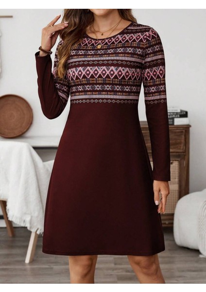 Kadın Uzun Kollu Bisiklet Yaka Etnik Desenli Kısa Şardonlu Dalgıç Elbise