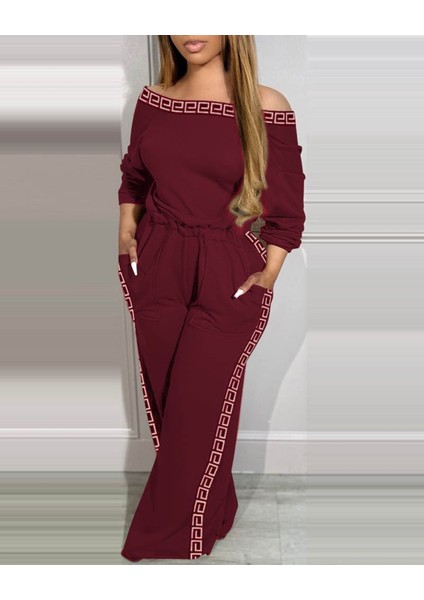 Kadın Uzun Kollu Omuzlardan Açık Beli Lastikli Cepli Antik Yunan Desenli Viskon Iki Iplik Tulum