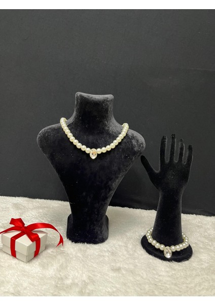 Özel Tasarım Luxury Özel Davet- Gece Zarafet Sembolü Kadın Tek Taşlı İnci Kolye-İnci Bileklik Takımı