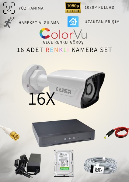 16'Lı Her Şey Dahil Tak Çalıştır Hazır Set - 5mp Lensli, Gece Renkli Görüş, Yüz Tanıma, Hareket Algılama