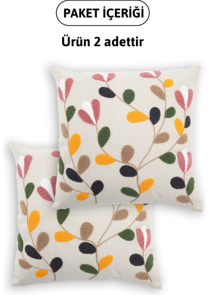 Flower Keten Punch Nakışlı 2'li Kırlent Kılıfı 42 x 42 - Renkli indirimleri