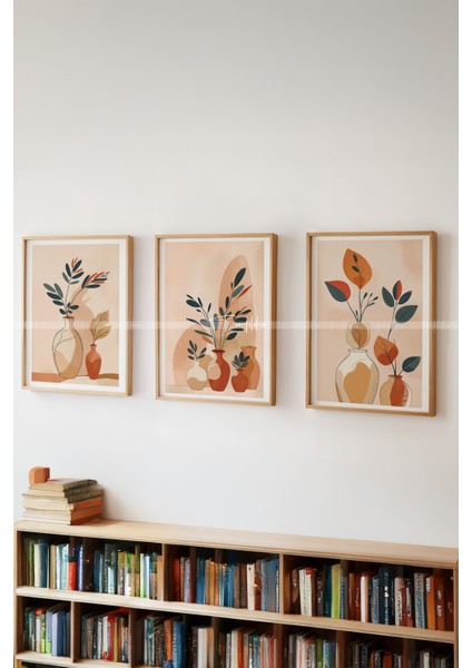 Minimalist Vazolar Temalı 3'lü Ahşap Çerçeveli Tablo Seti 21 x 30