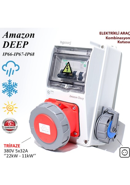Amazon Deep, IP66-IP67-IP68, Trifaze Elektrikli Araç Kombinasyon Kutusu, 5X32A + 1X16A - Sigorta Markası Seçeneği - 5 Yıl Garanti