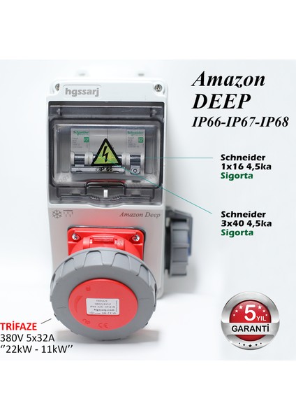 Amazon Deep, IP66-IP67-IP68, Trifaze Elektrikli Araç Kombinasyon Kutusu, 5X32A + 1X16A - Sigorta Markası Seçeneği - 5 Yıl Garanti