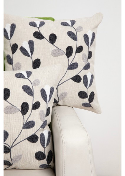 Flower Keten Punch Nakışlı 2'li Kırlent Kılıfı 42x42 - Antrasit fiyatları