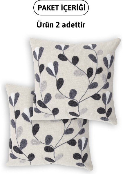 Flower Keten Punch Nakışlı 2'li Kırlent Kılıfı 42x42 - Antrasit indirimleri