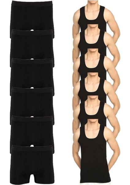 Ekonomik 12'li Paket Erkek Iç Çamaşır Seti 6 Siyah Atlet 6 Adet Siyah Boxer