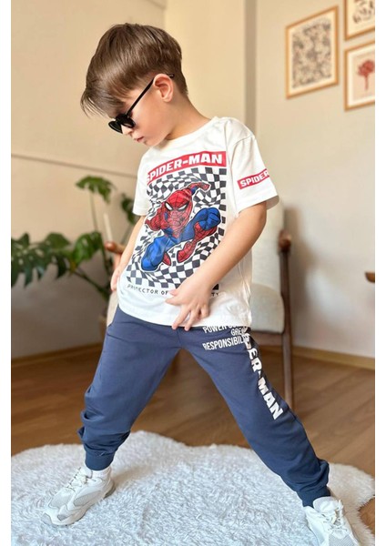 Erkek Çocuk Kare Desen ve Spiderman Detay ve Yazı Baskılı T-Shirt Füme Eşofman Takım fiyatları