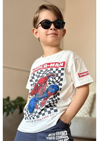 Erkek Çocuk Kare Desen ve Spiderman Detay ve Yazı Baskılı T-Shirt Füme Eşofman Takım modelleri