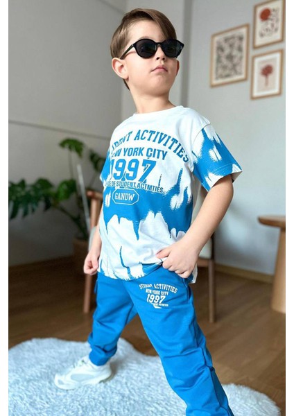 Erkek Çocuk New York City ve Yazı Baskılı T-Shirt Mavi Eşofman Takım