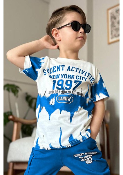 Erkek Çocuk New York City ve Yazı Baskılı T-Shirt Mavi Eşofman Takım modelleri