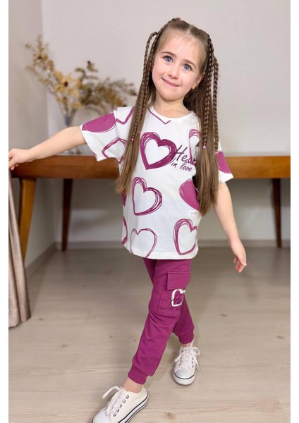 Kız Çocuk Pano Kalp Baskı Bisiklet Yaka T-Shirt Kargo Cepli Alt Mor Eşofman Takım