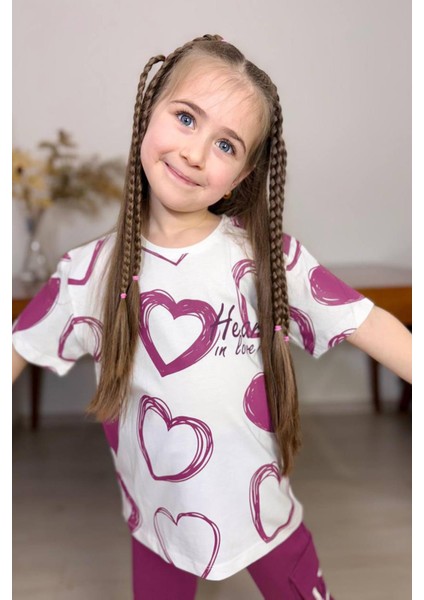 Kız Çocuk Pano Kalp Baskı Bisiklet Yaka T-Shirt Kargo Cepli Alt Mor Eşofman Takım fiyatları
