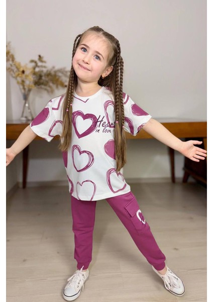 Kız Çocuk Pano Kalp Baskı Bisiklet Yaka T-Shirt Kargo Cepli Alt Mor Eşofman Takım fırsatları