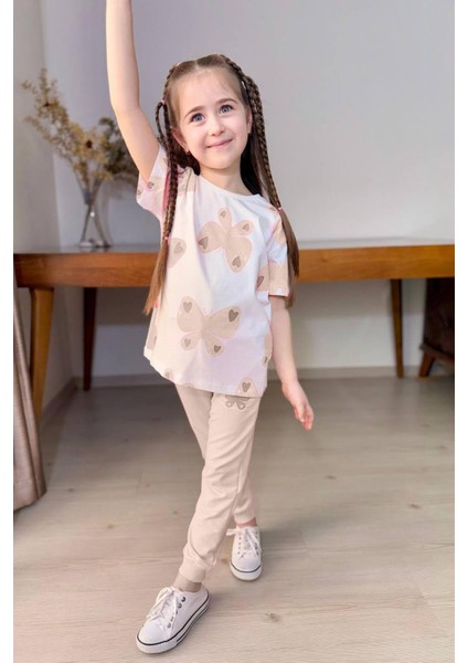 Kız Çocuk Simli Kelebek Baskı Bisiklet Yaka T-Shirt Bej Eşofman Takım