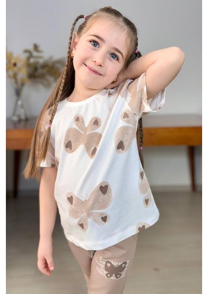 Kız Çocuk Simli Kelebek Baskı Bisiklet Yaka T-Shirt Bej Eşofman Takım