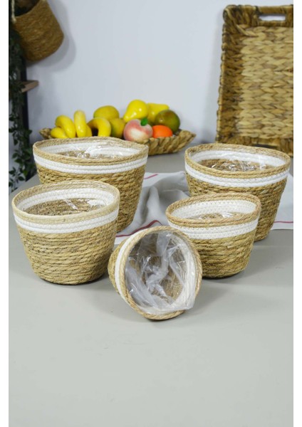 Naturel Hasır Sepet Organizer, Saksı, Mutfak, Banyo 5 Boy Beyaz Şerit - P02-1