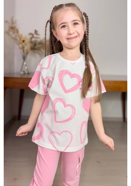 Kız Çocuk Pano Kalp Baskı Bisiklet Yaka T-Shirt Kargo Cepli Alt Pembe Eşofman Takım