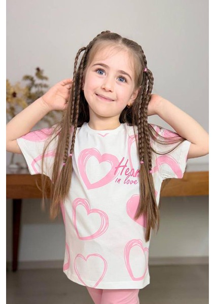 Kız Çocuk Pano Kalp Baskı Bisiklet Yaka T-Shirt Kargo Cepli Alt Pembe Eşofman Takım