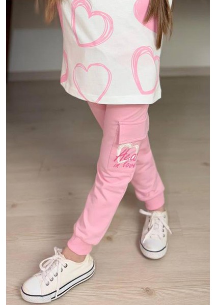 Kız Çocuk Pano Kalp Baskı Bisiklet Yaka T-Shirt Kargo Cepli Alt Pembe Eşofman Takım