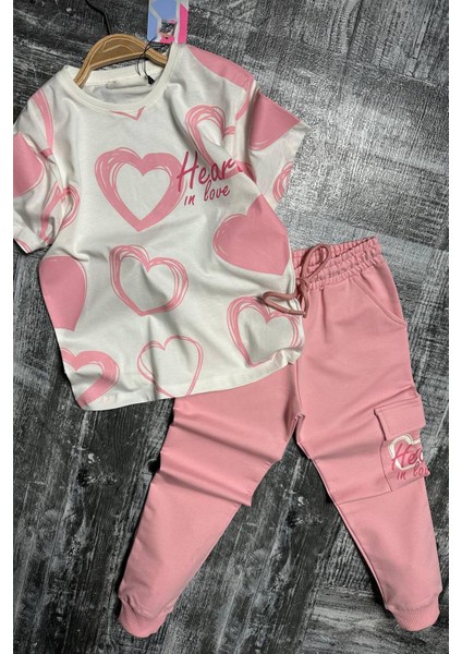 Kız Çocuk Pano Kalp Baskı Bisiklet Yaka T-Shirt Kargo Cepli Alt Pembe Eşofman Takım