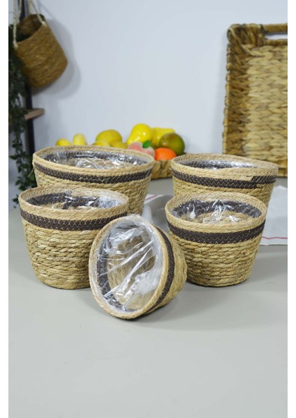 Naturel Hasır Sepet Organizer, Saksı, Mutfak, Banyo 5 Boy Kahve Şerit - P02-3