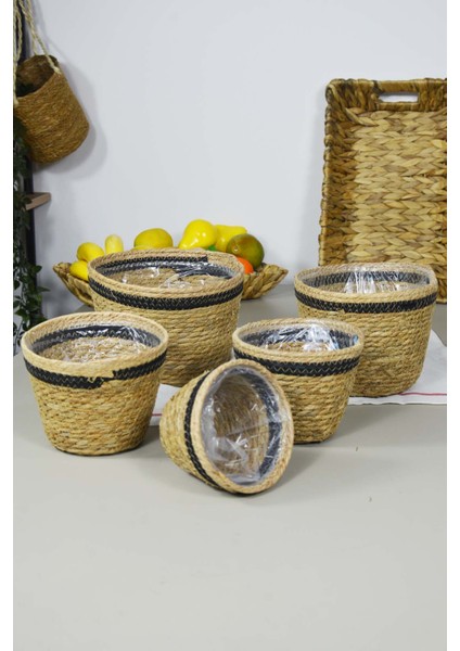 Naturel Hasır Sepet Organizer, Saksı, Mutfak, Banyo 5 Boy Siyah Şerit - P02-2