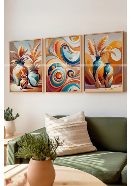 Modern Vazo ve Desen Temalı 3'lü Ahşap Çerçeveli Tablo SETI-21 x 30