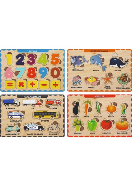 4 Adet Ahşap Bul Tak Eğitici Yapboz Puzzle Seti 2