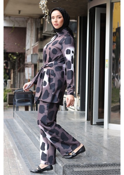 Leopar Desenli Saten Ikili Takım 1342 - Kahve fiyatları