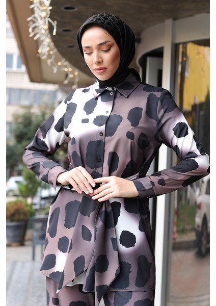 Leopar Desenli Saten Ikili Takım 1342 - Kahve modelleri