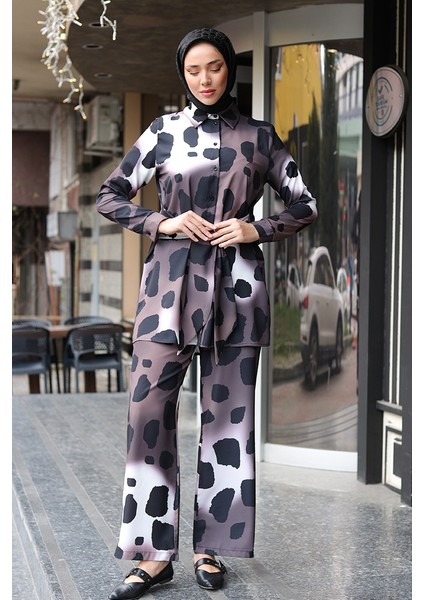 Leopar Desenli Saten Ikili Takım 1342 - Kahve fırsatları