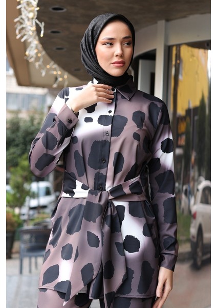 Leopar Desenli Saten Ikili Takım 1342 - Kahve indirimleri