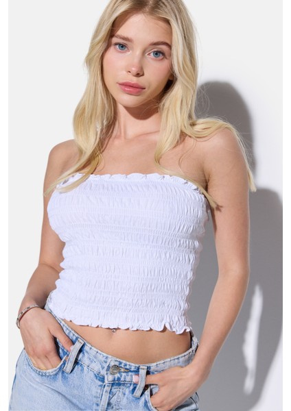 Büzgülü Straplez Crop Bluz