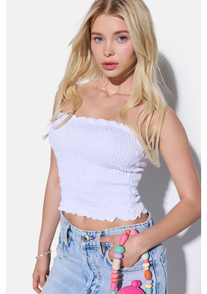 Büzgülü Straplez Crop Bluz