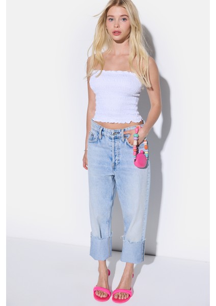 Büzgülü Straplez Crop Bluz