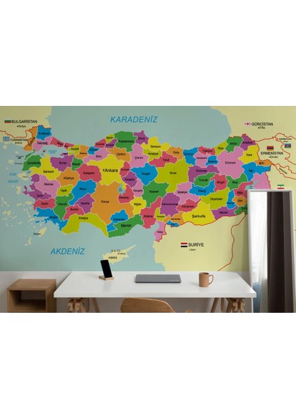 Türkiye Haritası Sınır Komşulu Eğitici Dekoratif Duvar KAĞIDI-3085 fırsatları