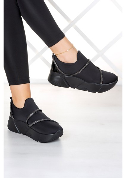 Barbara Siyah Streç Gümüş Taşlı Sneaker