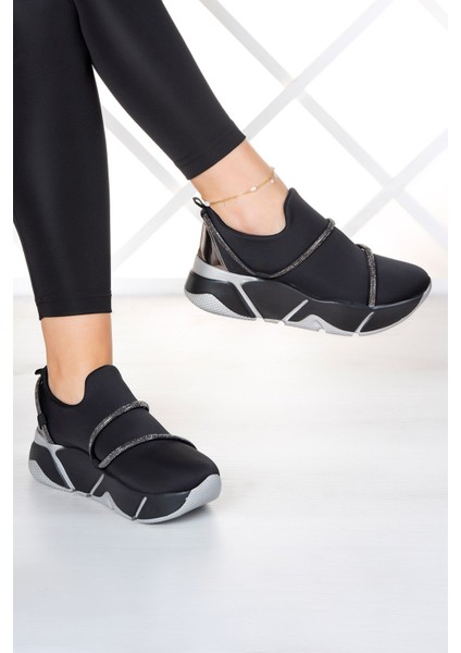 Barbara Siyah Streç Platin Taşlı Sneaker