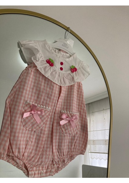 Rstm Butik Kirazlı Ekoseli Bandanalı Poplin Kumaş Bebek Tulumu