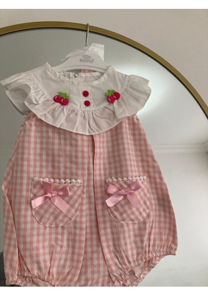 Rstm Butik Kirazlı Ekoseli Bandanalı Poplin Kumaş Bebek Tulumu