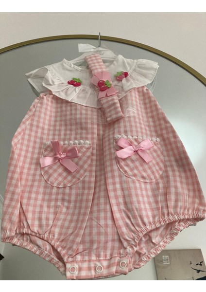 Rstm Butik Kirazlı Ekoseli Bandanalı Poplin Kumaş Bebek Tulumu