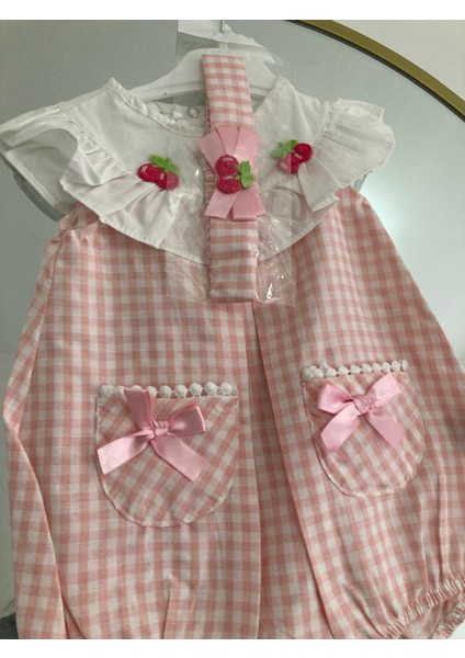 Rstm Butik Kirazlı Ekoseli Bandanalı Poplin Kumaş Bebek Tulumu