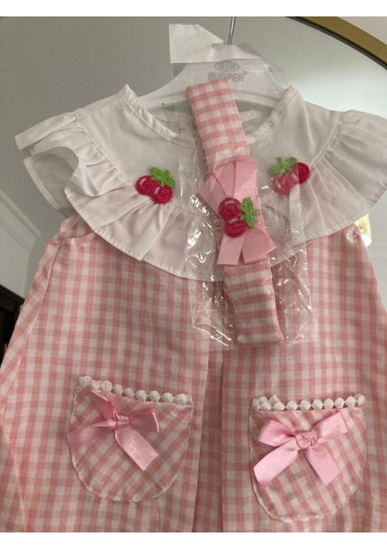 Rstm Butik Kirazlı Ekoseli Bandanalı Poplin Kumaş Bebek Tulumu