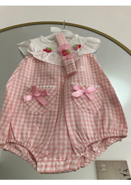 Rstm Butik Kirazlı Ekoseli Bandanalı Poplin Kumaş Bebek Tulumu