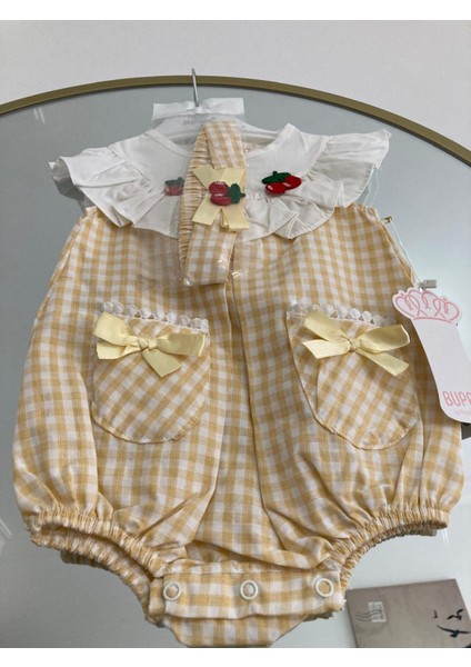 Rstm Butik Kirazlı Ekoseli Bandanalı Poplin Kumaş Bebek Tulumu