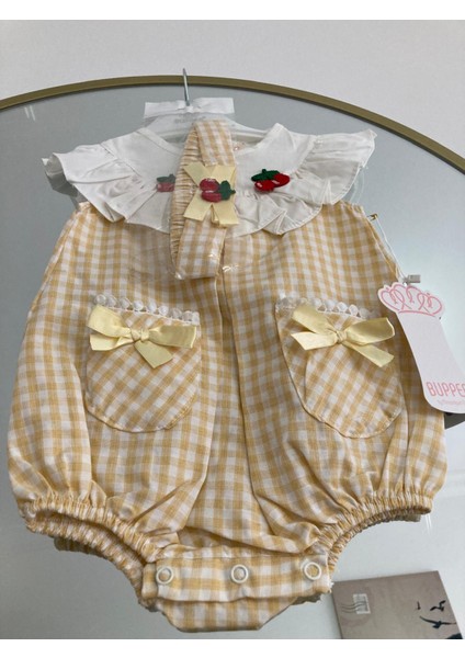 Rstm Butik Kirazlı Ekoseli Bandanalı Poplin Kumaş Bebek Tulumu