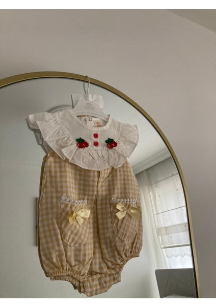 Rstm Butik Kirazlı Ekoseli Bandanalı Poplin Kumaş Bebek Tulumu