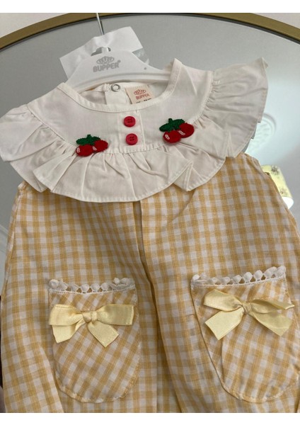 Rstm Butik Kirazlı Ekoseli Bandanalı Poplin Kumaş Bebek Tulumu